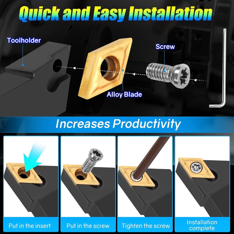 Joogto Indexable Lathe Turning Tool 1/2" 12mm Shank 14PCS Kit, 4PCS Metal Lathe Tools Holder 10PCS CCMT09T304 Carbide Insert for Turning Boring Grooving, SCMCN1212H09/SCLCL1212H09/SCLCR1212H09/S12M-SCLCR09 - Image 5